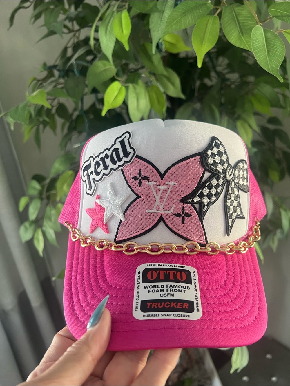 OTTO Pink and White Embroidered Trucker Hat with Chain Trim
